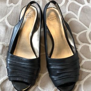 Black leather open toe heels